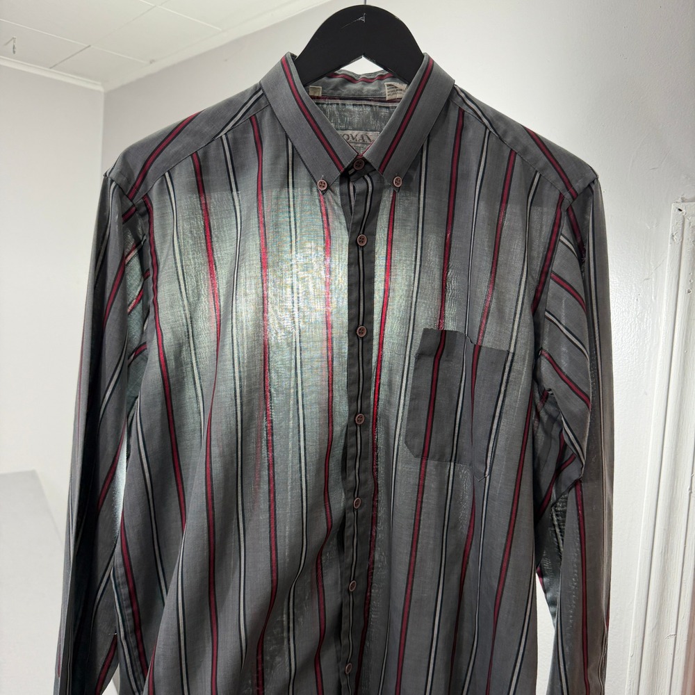 Vintage Koman Button Shirt Men's Large Gray Vertical Stripe Rockabilly 70s 80s